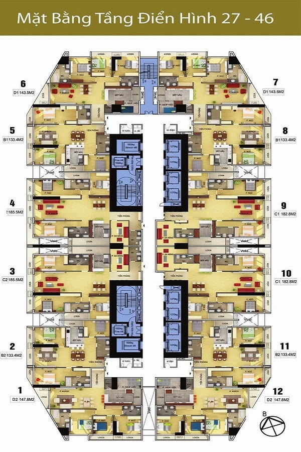 Các tầng từ 27 - 46 mỗi tầng có 12 căn hộ các loại diện tích: 133m2, 143m2, 147m2 182m2 và 185 m2
