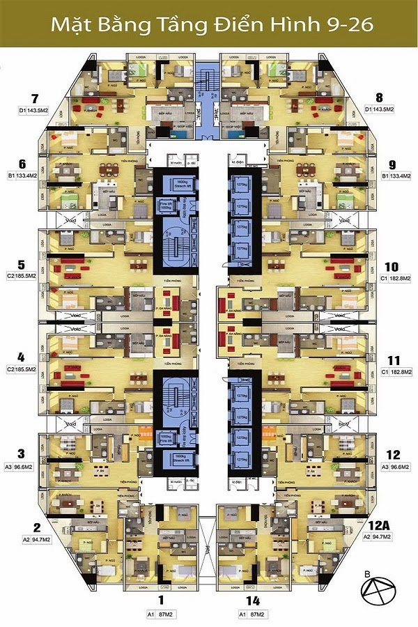 Các tầng từ 9 - 26 mỗi tầng có các loại diện tích: 87m2, 94m2, 96m2, 133m2, 143m2, 182m2 và 185 m2